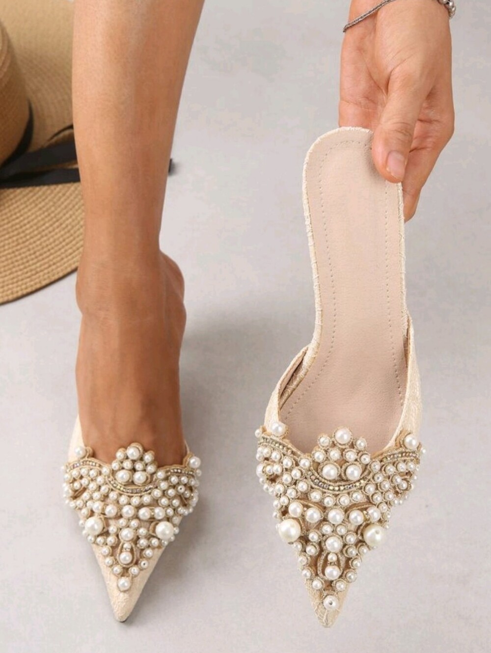 Women Faux Pearl Decor Stiletto Heeled Mules, Fashion Outdoor Pumps,Elegant,Part